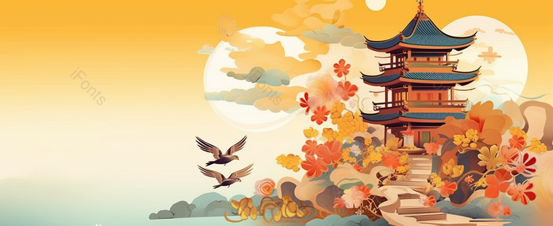 黄色天空山水中国自然国潮风景树林古典风格湖泊水墨插画,插画/手绘图,插画/手绘图库,插画/手绘图下载,插画/手绘